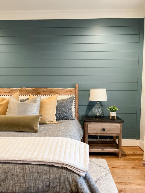 Stunning shiplap accent wall in bedroom | paint color - Refuge by Sherwin Williams #shiplap #accentwall #farmhouse Accent Wall In Bedroom, Accent Wall Colors Bedroom, Bedroom Paint Color, Shiplap Bedroom, Wall Behind Bed, Comfy Cozy Home, Bedroom Wall Decor Above Bed, Basement Guest Rooms, Green Accent Walls