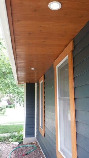 Cedar tongue and groove under the overhang. Cedar Exterior Trim, Wood Trim Around Windows Exterior, Tongue And Groove Soffit, Wood Exterior Window Trim, Cedar Trimmed Windows Exterior, Wood Window Trim Exterior, Cedar Soffit Exterior, Wood Trim Exterior House, Cedar Window Trim