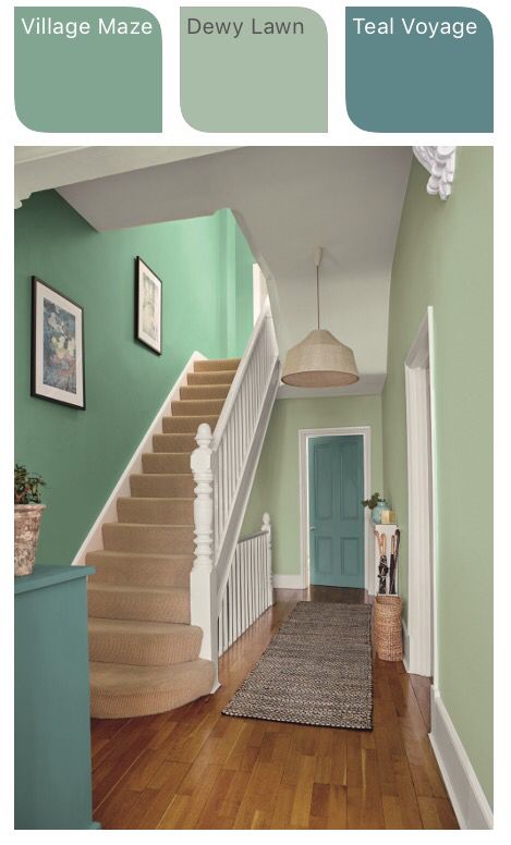 Dulux Green Hallway Inspiration. Village Maze. Dewy Lawn. Teal Voyage. Turquoise Hallway Ideas, Dulux Teal Voyage, Staircase Color Ideas Colour Schemes, Dulux Dewy Lawn, Teal Voyage Dulux Paint, Hallway Wall Paint Ideas, Landing Colour Ideas, Staircase Wall Color Ideas, Teal Hallway Ideas