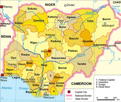 The country of Nigeria and its provinces or states.  We lived in Sokoto (top nw), Kano (Nctr), and the Plateau (se of Kano--where I went to school 9 months of the year). Map Of Nigeria, States And Capitals, Benin City, Cross River, Local Government, Peta, Government, Map, Education