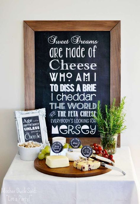 40th Birthday Party Ideas | Photo 2 of 35 | Catch My Party Cheese And Wine Party, Cheese Table, Tapas Party, Wine And Cheese Party, Vintage Chalkboard, 40th Birthday Party, Wine Party, Wine Tasting Party, Cheese Party