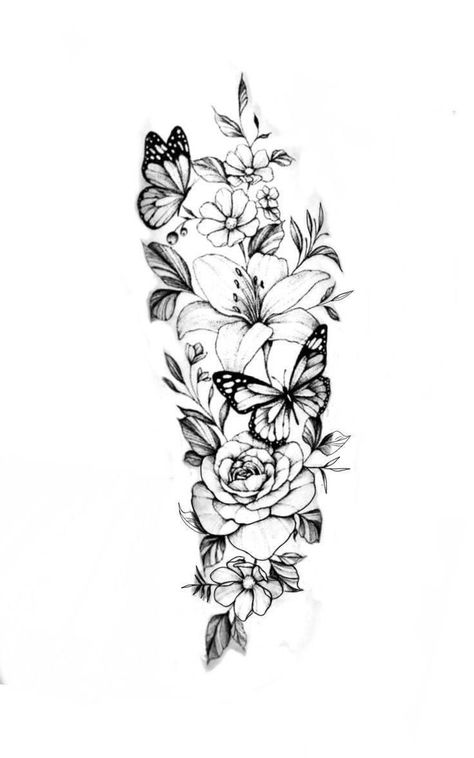 Arm Sleeve Flower Tattoos For Women, Black And White Floral Sleeve Tattoo For Women, Inner Forearm Sleeve Tattoo Women, Tattoo Flowers Back, Arm Tattoo Sketches Ideas, Flower Tattoo With Butterflies, Floral And Butterfly Sleeve Tattoo, Floral Tattoo Design Arm, Butterfly And Flower Tattoo Sleeve