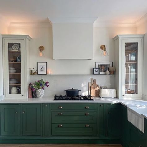 Green Kitchen Shaker Cabinets, Green And White Shaker Kitchen, Green Shaker Style Kitchen, Green Kitchen Two Tone, Two Tone Kitchen Cabinets 2023, Shaker Kitchen Two Tone, Millie Turner Designs, Green And White Two Tone Kitchen, Green Two Tone Kitchen