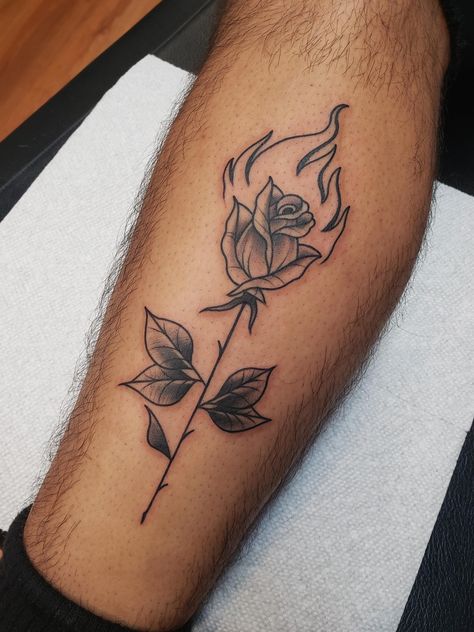 Flower Flame Tattoo, Rose And Fire Tattoo, Rose With Fire Tattoo, Rose With Flames Tattoo, Rose Fire Tattoo, Flame Rose Tattoo, Flower On Fire Tattoo, Flaming Rose Tattoo, Mens Rose Tattoo