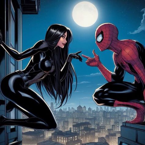 Spiderman And Felicia, Spider Man And Black Widow, Spiderman X Black Cat, Spiderman And Black Cat, Image Spiderman, Spiderman Pictures, Spider Girl, Marvel Spiderman Art, Cute Couple Art