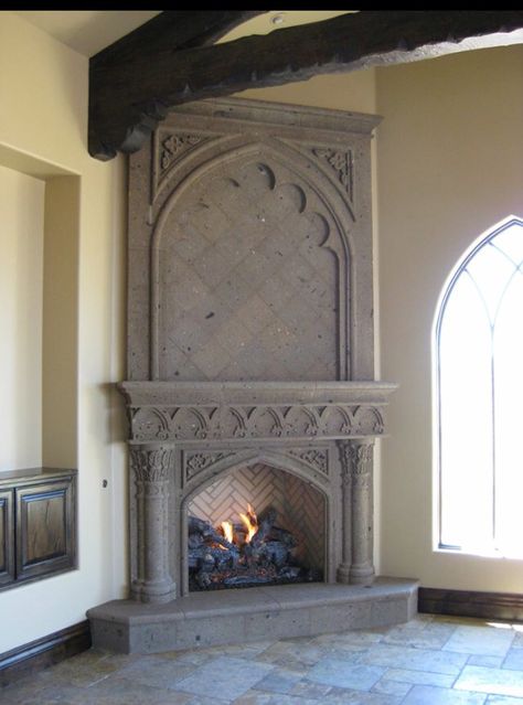 Kilmers Gothic Castle. Was a fun project. Cantera stone fireplace. Gothic Fireplace, Gothic Interior Design, Cantera Stone, Stone Fireplace Mantel, Tudor Cottage, Gothic Interior, Gothic Castle, Castles Interior, Goth Home