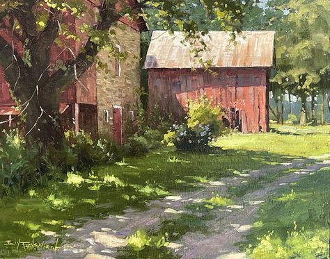 Bill Farnsworth Paintings, Tonalist Paintings, Barn Pictures, Farm Paintings, Building Painting, Barn Painting, Dappled Light, Farm Art, Landscape Paintings Acrylic