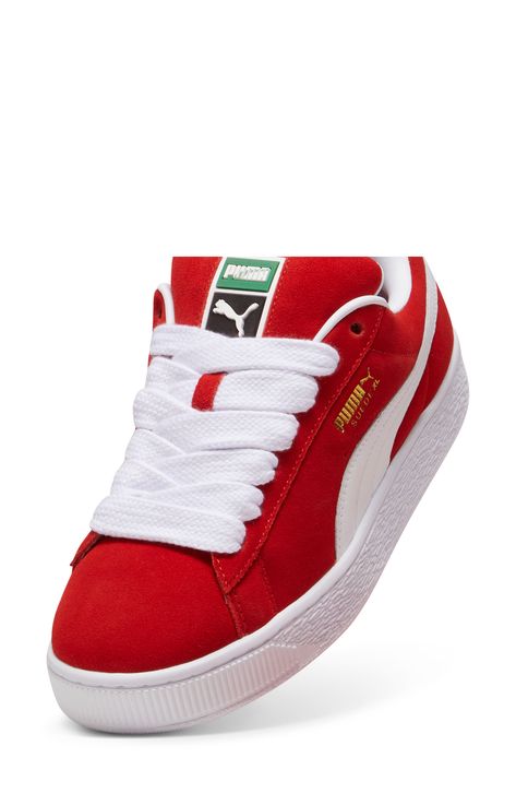 Exaggerated proportions, a well-padded collar and a chunky sole kick up the profile of a sneaker that's been a fan-favorite since its 1968 debut and now puts a well-grounded attitude under any favorite look. Lace-up style Leather upper/textile lining/rubber sole Imported Modern Streetwear, Puma White, Sneakers Puma, Puma Suede, Red Sneakers, Break Dance, Suede Sneakers, Red Shoes, Up Styles