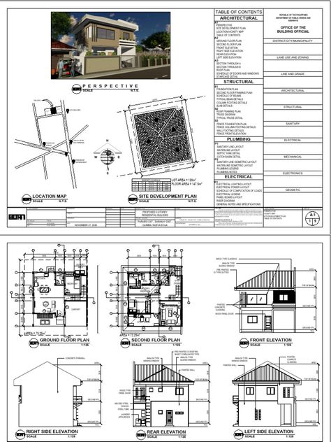 The document contains an architectural plan for a building project. It includes a table of contents and floor plans, elevations, sections and structural plans. Specifically, it lists ground floor plans, second floor plans, front/side/rear elevations, sections, roof plans, schedules and structural details like foundation plans, framing plans and column footing details. Floor Plan With Section And Elevation, Plan Elevation Section Of House, Floor Plan With Measurements, Site Development Plan, Floor Plan With Dimensions, 1 Story House, Elevated House, Architectural Plan, Architecture Design Process