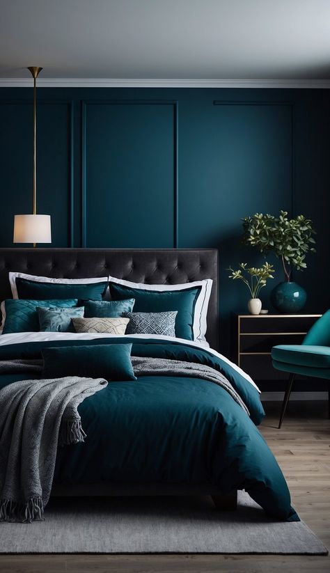 23 Dark Blue Bedroom Ideas for a Cozy and Stylish Retreat Black And Dark Teal Bedroom, Rich Bedroom Colors, Dark Teal Bedding Color Combinations, Scottish Bedroom Ideas, Peacock Blue Bedroom Ideas, Dark Teal Blue Aesthetic, Black And Teal Bedroom, Green And Navy Bedroom, Charcoal Grey Bedrooms