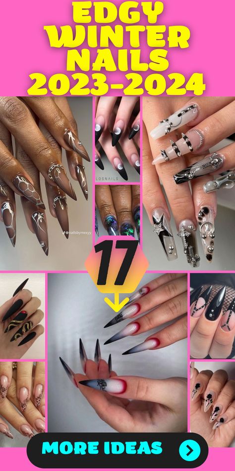 Simple and Edgy Winter Nail Designs for 2023-2024: Achieve a simple yet edgy look with these winter nail designs for 2023-2024. From oval to almond shapes, these nails feature minimalist snowflake accents with an edgy twist. With dark and grunge-inspired colors like black and red, these nails are perfect for those who prefer a low-key yet bold style for the winter season. Punk Goth Nails, Gothic Holiday Nails, Punk Rock Nails Designs, Holiday Nails Stiletto, Gothic Winter Nails, Holiday Stiletto Nails, Winter Stiletto Nails Designs, Black Winter Nails Designs, Punk Nail Designs