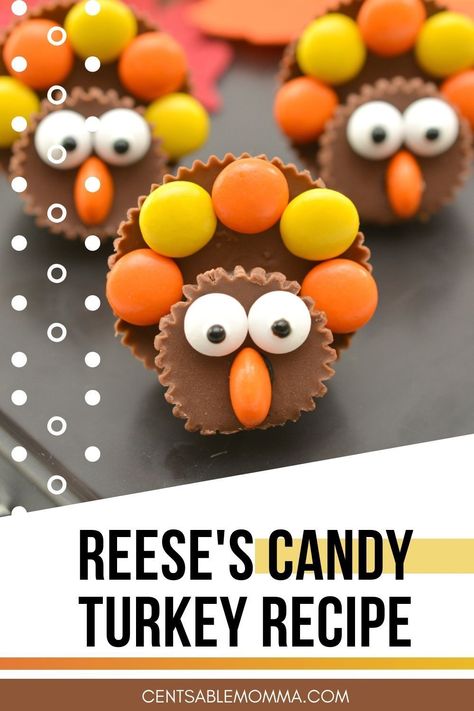 Using Reese's peanut butter cups and Reese's pieces, you can create these super cute Reese's Candy Turkeys that are perfect for a Thanksgiving treat or craft for the kids. #reeses #turkeydessert #thanksgiving #turkey #reesesturkey Candy Turkeys, Thanksgiving Turkey Cookies, Turkey Desserts, Thanksgiving Food Crafts, Reeses Candy, Holiday Food Crafts, Thanksgiving Candy, Turkey Treats, Reese's Peanut Butter Cups