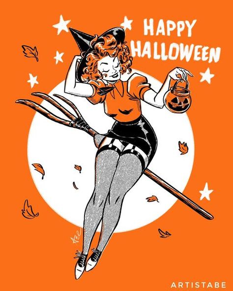 Witch Pinup Art, Funny Halloween Art, Halloween Pin Up Art, Halloween Pinups, Witch Pinup, 50s Halloween, Pinup Witch, Creepy Artwork, Halloween Pinup