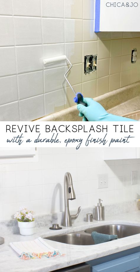 Repaint Kitchen Tile Backsplash, Tile Paint Backsplash Kitchen, Backsplash Makeover Diy, Painting Kitchen Backsplash Tile Diy, Painting Subway Tile Backsplash, How To Paint Backsplash Tile Kitchens, Painting Kitchen Tiles Backsplash, Painted Tile Kitchen Backsplash, Paint Tile Backsplash Kitchen