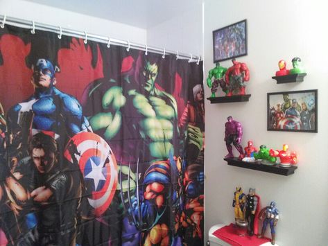 Avengers bathroom if this was in our bathroom my brother would never wanna leave the bathroom. Avengers Bathroom, Marvel Bathroom, Kids Bathroom Themes, Kids Bathroom Ideas, Kids Bathroom Girls, Superhero Bathroom, Avengers Bedroom, Marvel Bedroom, Boys Bathroom Decor