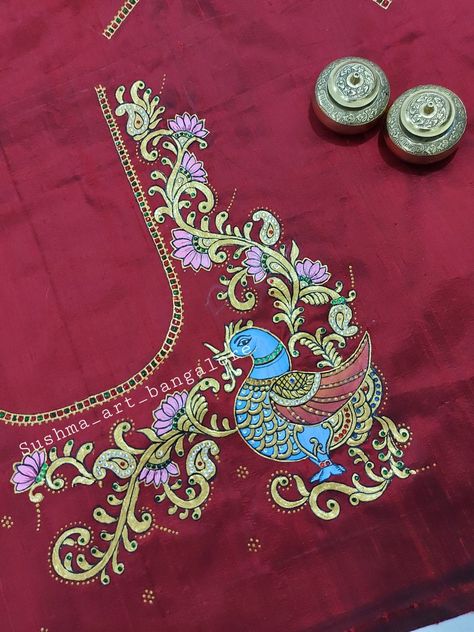 Tanjore Border Designs, Thanjavur Painting On Blouse, Tanjore Fabric Painting, Tanjavur Painting On Blouse, Tanjore Painting On Blouses, Blouse Painting Designs, Tanjore Painting On Fabric, Tanjore Painting Sketches, Painting In Fabric