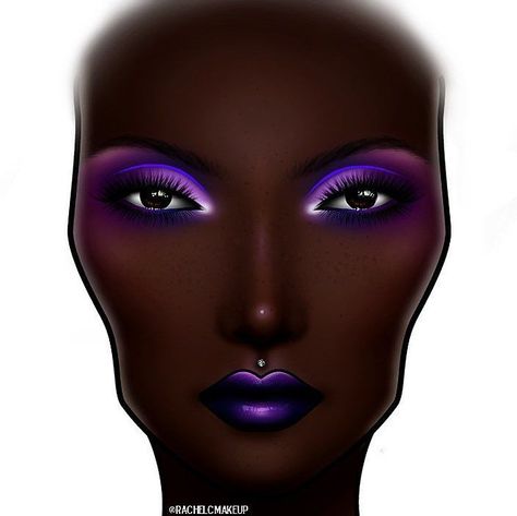 Makeup Face Chart with purple eyeshadow, floating electric blue eyeliner, fake freckles and metallic purple lipstick on dark skin. Lipstick On Dark Skin, Floating Eyeliner, Crease Eyeshadow, Eyeshadow Blue, Fake Freckles, Cut Crease Eyeshadow, Makeup Face Charts, Metallic Lips, Blue Eyeliner