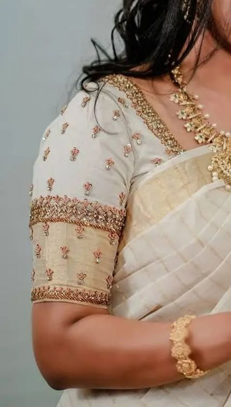 Self Design Blouse Aari Work, White Pattu Blouse Designs, Saree Blouse Sleeve Pattern, Magam Work Designs Latest Bridal, White Work Blouse Designs, Silk Saree Blouse Designs Work, Ariwork Blouse Design 2022, Silk Saree Blouse Designs Pattern Wedding, White Silk Blouse Designs