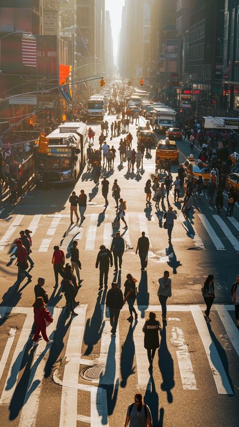 "City Life Hustle: An aerial view of bustling #urbanlife streets with #crosswalk and #traffic navigating at #goldenhour. #cityscape #cityview #digitalart #aicity ⬇️ Download and 📝 Prompt 👉 https://stockcake.com/i/city-life-hustle_123102_13205" City Walk Aesthetic, Crosswalk Aesthetic, City Crosswalk, People In City, Corner Street, Invisible String, City Summer, Fun City, Golden City