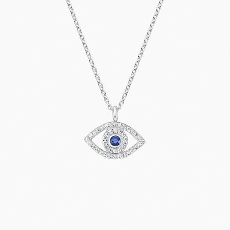 Evil Eye Sapphire and Diamond Pendant - Silver. An ancient symbol of protection, this delightfully chic pendant sparkles diamonds in the form of an evil eye with a sapphire in the center. Stylish and symbolic, this design is perfect on its own or easily matched with other necklaces (1/8 total carat weight). Sapphire Pendant Necklace, Symbol Of Protection, Ancient Symbols, Brilliant Earth, Sapphire Necklace, Pendant Silver, Sparkle Diamonds, Lab Diamonds, Diamond Earrings Studs