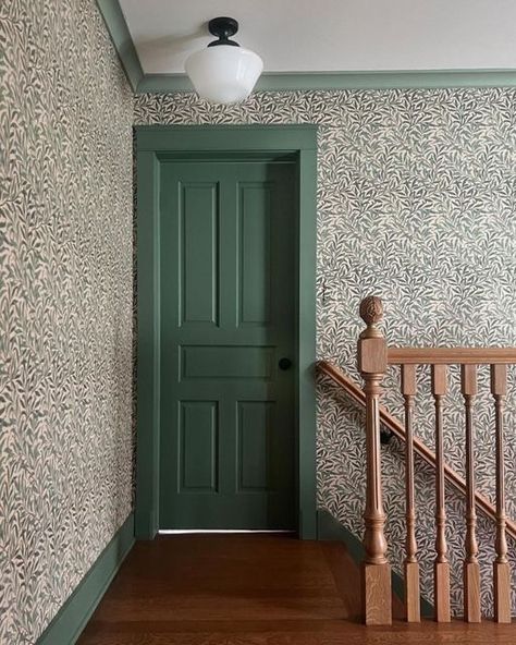 Hallway Wallpaper Ideas, Hallway Transformation, Green Woodwork, Wallpaper Hallway, Morris And Co, Wallpaper Stairs, Entrance Hall Decor, Hallway Makeover, Castle Bedroom