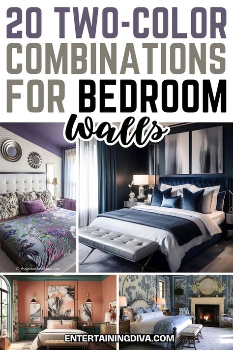 20 Two-Color Combinations For Bedroom Walls | Interior Designing Two Tone Painting Ideas For Walls, Bedroom Wall And Trim Colors, Gray Bedroom Walls With A Pop Of Color, Two Paint Colors One Room, Green Colour Palette Bedroom, Two Tone Bedroom Walls, Lakehouse Bedroom, Two Tone Walls, Wall Color Combination