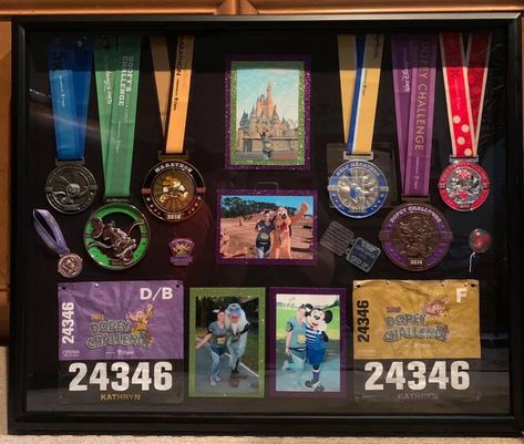 Dopey Challenge Medal Display, Medal Shadow Box Ideas, Race Medal Shadow Box Display Ideas, Running Girly, Running Shadow, Medals Hanger, Disney Shadow Box, Race Bib Holder, Race Medal Displays