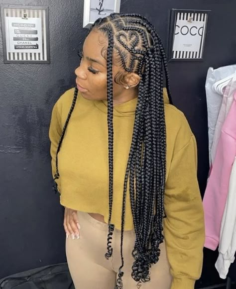 Knotless Braids Hairstyles Designs, Lemonade Braids With Star Design, Red Lemonade Braids With Heart, Cainrow Hairstyles With Heart, Baddie Braiding Hairstyles, Freestyle Fulani Braids With Heart, Bohemian Knotless Braids With Heart, Jayda Wayda Braids With Heart, Fulani Braids Hairstyles Designs Heart