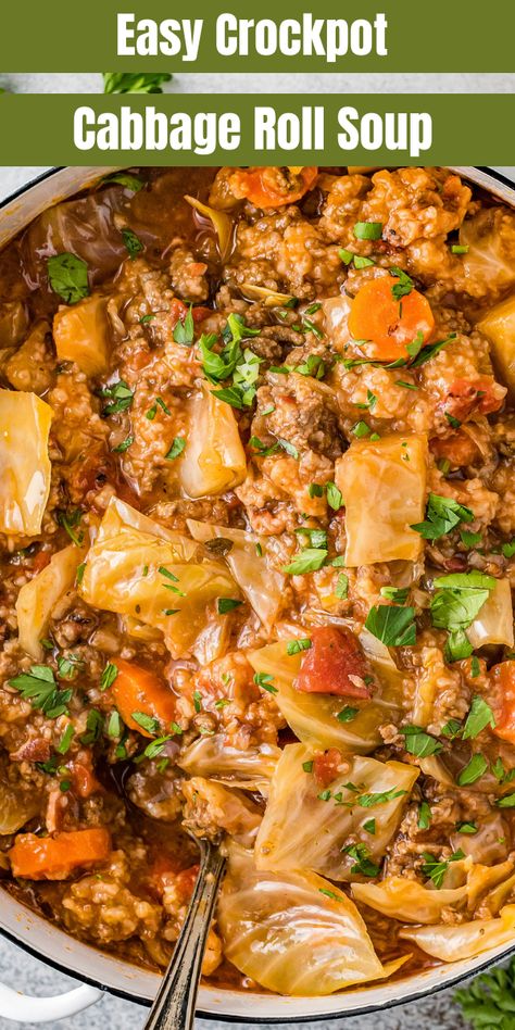 It’s a hug in a bowl! This easy Crockpot Cabbage Roll Soup is packed with nutrition and flavor, and all the coziness of homemade cabbage rolls—with only a fraction of the work. Healthy veggies, savory ground beef, and plenty of bacon make it a hearty, homespun meal the whole family will love! Crockpot Cabbage Roll Soup, Slow Cooker Cabbage Rolls, Meat Soup, Cabbage Soup Diet Recipe, Ground Beef And Cabbage, Cabbage Roll Soup, Comfort Soup Recipes, Cabbage Roll, Beef Soup Recipes