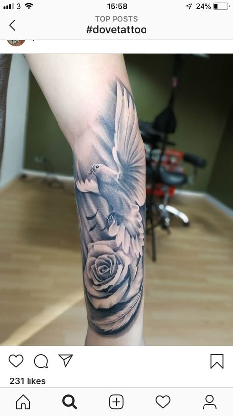 Rose And Dove Tattoo For Men, Dove With Ribbon Tattoo, Doves Flying To Heaven Tattoo, Dove Feather Tattoo, Dove Tattoo Sleeve, Bird And Rose Tattoo, Realistic Dove Tattoo, Dove Tattoo Design For Women, Dove Tattoo Men