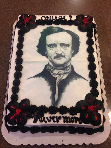 My husbands graduation cake!! Edgar Allan Poe It says "College? Nevermore" Edgar Allen Poe Cake, Goth Cake, Edgar Allen, Harry Potter Artwork, Allen Poe, Edgar Allen Poe, Graduation Cake, Organized Chaos, 17th Birthday