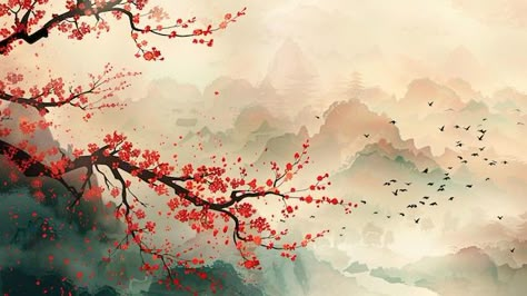 Japanese Painting Desktop Wallpaper, Flower Pc Wallpaper, Desktop Wallpaper Flowers, Japanese Cherry Blossom Art, Dragon Ball Background, Japanese Mural, Ball Background, Wuxia Art, Japanese Background