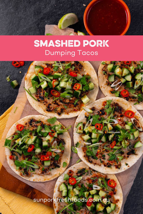 Love the taste of dumplings but can’t quite nail it when making them yourself? Well, we might have a solution for you. These Smashed Pork Dumpling Tacos taste like dumplings, but they're way easier to throw together! Smashed Dumpling Tacos, Dumpling Tacos, Pork Dumpling, Mince Recipes, Nail It, Honey Lime, Chilli Sauce, Red Chilli, The Taste