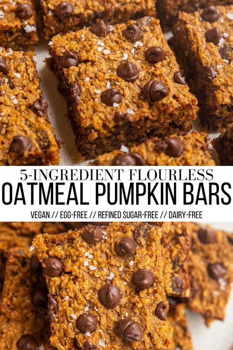 Healthy Pumpkin Bars made with 5 basic ingredients! Vegan, flourless, gluten-free, refined sugar-free, and dairy-free, these chewy bars are an absolutely delightful fall dessert! #fall #pumpkin #vegan #healthy Oatmeal Pumpkin Bars, Vegan Pumpkin Bars, Dairy Free Pumpkin Recipes, Pumpkin Oatmeal Bars, Paleo Pumpkin Bars, Pumpkin Granola Bars, Bars With Chocolate Chips, Gluten Free Pumpkin Desserts, Healthy Pumpkin Bars