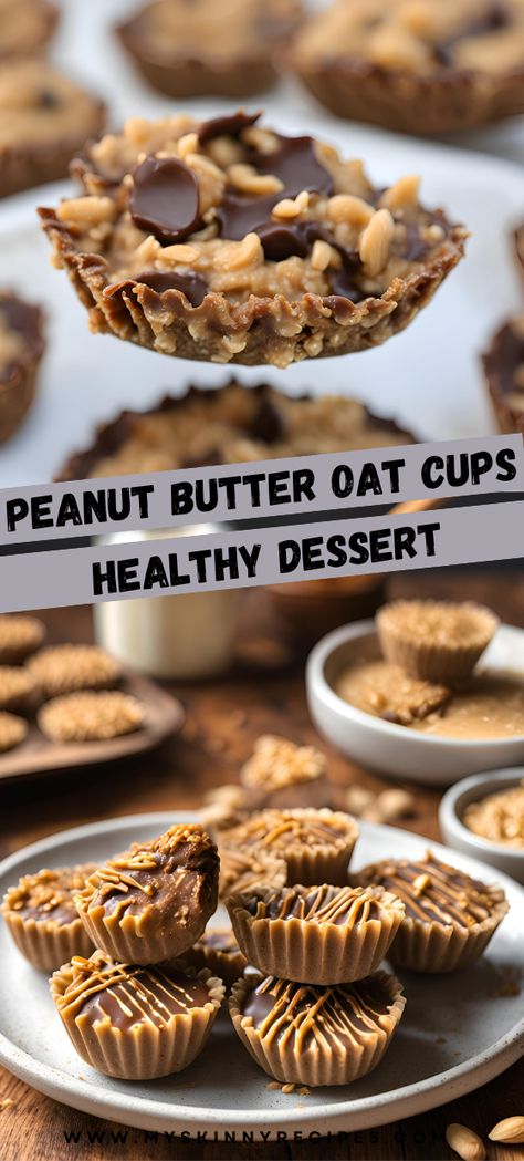 🥜🍫 No-Bake Peanut Butter Oat Cups—an easy, healthy dessert with just a few ingredients! Perfect for a quick snack or guilt-free treat, these creamy peanut butter oat cups are topped with dark chocolate and packed with wholesome oats. #NoBakeDessert #HealthySnacks #PeanutButterLovers #OatCups #FewIngredients🍯✨ Samoa Oat Cups Recipe, Good For You Desserts Healthy, Easy Healthy Homemade Desserts, Sweet Treats That Are Healthy, Rolled Oats Recipe Snacks, Healthy Dessert Recipes No Bake, Crohns Friendly Desserts, No Bake Peanut Butter Oat Cups Healthy, Easy To Grab Desserts