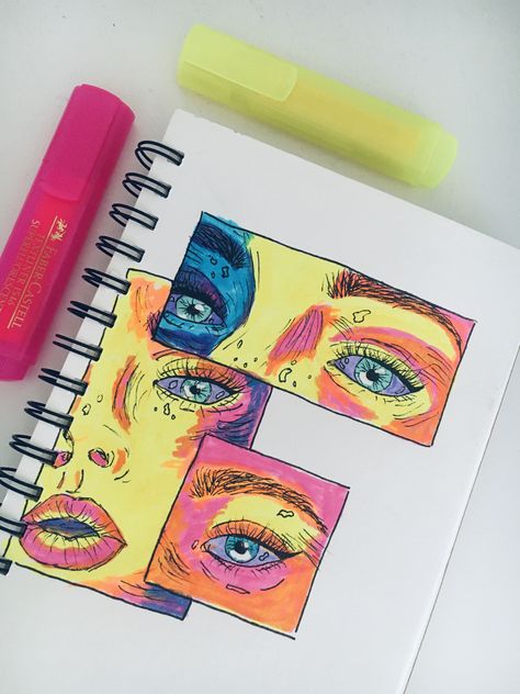 Cool Highlighter Drawings, Highlighter Eye Drawing, Sketchbook Art Inspiration Marker, Highlighter Marker Art, Neon Eye Drawing, Eye Drawing Creative, Neon Marker Art, Drawing Ideas With Highlighters, Drawing With Highlighters Markers