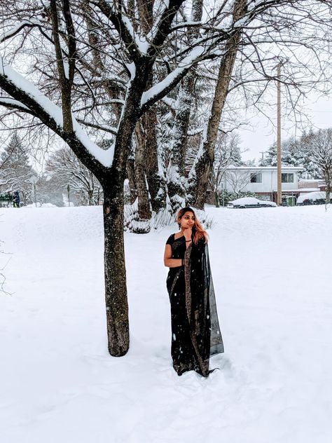 That one day it snowed in Vancouver BC. I loved it!! Wanted to take this picture with a saree for the longest time and this is how it came out!! ❤️ Saree In Snow Photography, Poses In Snow, Winter Pics, Snowed In, Snow Photography, Saree Poses, Winter Photoshoot, Indian Photoshoot, Saree Photoshoot