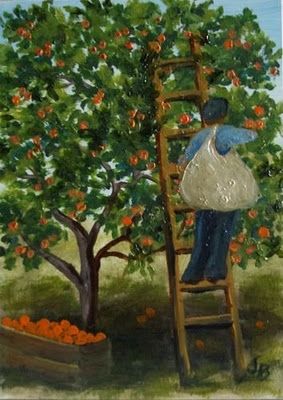 Orange Trees Painting, Orange Tree Art, Orange Tree Painting, Picking Oranges, Art October, Orange Farm, Florida Vintage, Fruit Kitchen, Orange Grove