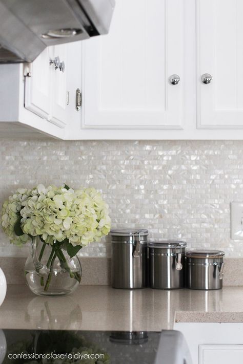 Mother Of Pearl Backsplash, Unique Apartment, Modern Kitchen Backsplash, White Kitchen Backsplash, Pine Kitchen, Kitchen Backsplash Designs, Kitchen Decor Apartment, Kitchen Backsplashes, Backsplash Ideas