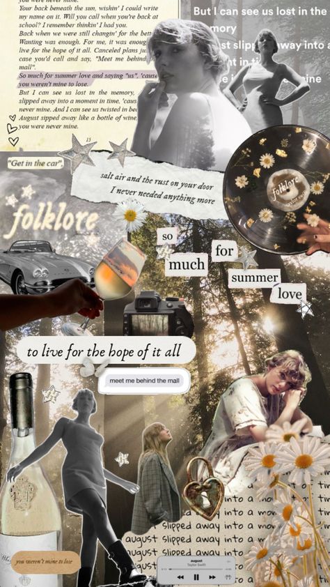 taylor swift collage - folklore album🪐 #taylorswift #taylorswiftlyrics #august #folklore Folklore Collage, August Folklore, Taylor Swift Collage, Folklore Album, August Taylor, Canceled Plans, Taylor Swift Album, Taylor Swift Wallpaper, Taylor Swift Lyrics