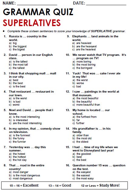 English Grammar Quiz, English Grammar Test, Yes No Questions, Esl Grammar, English Quiz, Superlative Adjectives, Grammar Quiz, Grammar Exercises, English Grammar Worksheets