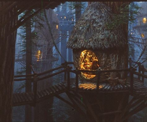 Frank Ordaz - Work Zoom: Ewok tree house with live action Star Wars Planets, Jungle Tree, Fairytale House, Fantasy Tree, Magic House, Dream Fantasy, Storybook Cottage, Giant Tree, Fairytale Fantasies