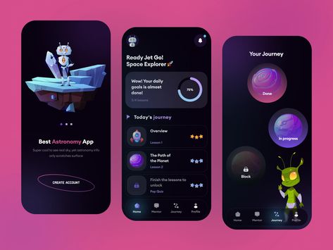 🪐 Astronomy Education App by Yehor Haiduk 🇺🇦 for Ledo on Dribbble Futuristic App Design, Space Education, Fitness Tracker App, Ux Design Trends, Planet App, Mobile Design Inspiration, App Design Layout, Ux App Design, Meditation App