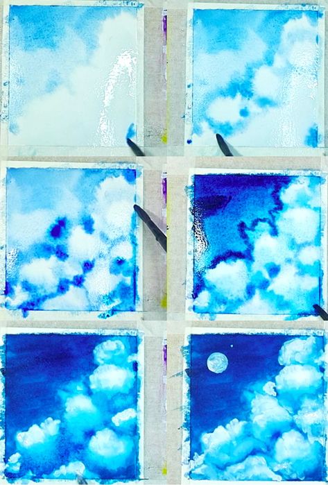 Landscape Step By Step, Clouds Scenery, Stunning Paintings, Color Mixing Chart Acrylic, Cloud Landscape, Sky Watercolor, Draw Watercolor, Landscape Steps, Acrylic Drawing