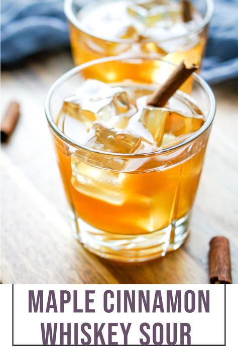 A holiday twist to the traditional whiskey sour, this Maple Cinnamon Whiskey Sour adds a warm, smokey touch with a hint of spice to make it the perfect drink to sip on cold winter evenings. With just a few ingredients you can easily make this whiskey sour at home without any store bought sweet and sour cocktail mixers. fall cocktails, fall recipes, winter cocktails. Cinnamon Whiskey Sour, Cinnamon Cocktail, Whiskey Sour Recipe, Maple Whiskey, Recipes Winter, Honey Whiskey, Cooking Curry, Cinnamon Whiskey, Whisky Sour