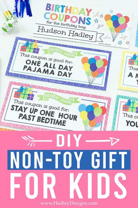 Here’s an easy DIY birthday gift idea: a birthday coupon printable! Just download these kids' birthday coupons and personalize them with activities and things you know your kids will love. It’s totally editable. A birthday coupon book like this is a simple token of all the love you have for your kids. Plus, they will enjoy it for several days past their birthday! That’s what makes it such a great non-toy birthday gift. Get this printable birthday present for your kids! Birthday Tokens Ideas, Kids Coupon Book Ideas, Kids Coupon Book, Coupon Book For Kids, Kids Coupons, Coupon Book Diy, Coupon Books, Children's Games, Non Toy Gifts