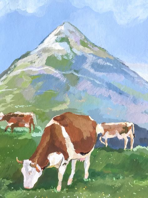 Cows Painting Acrylic, Colorful Cow Painting, Highschool Drawing, Cow Acrylic Painting, Cow Grazing, Grazing Cow, Cows Grazing, Sheep Paintings, Happy Cow