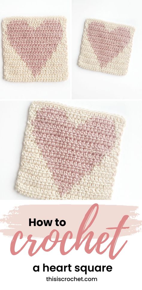 Learn how to crochet a square with a heart for Valentine's Day this year! Find the pattern at thisiscrochet.com Crochet Heart Blanket Granny Squares, Crochet Heart Square Pattern, Valentine Granny Square, Solid Heart Granny Square, Crochet Heart Square Pattern Free, Crochet Hearts Blanket, Crochet Heart Blanket Free Pattern, How To Crochet A Heart Granny Square, Heart Crochet Square