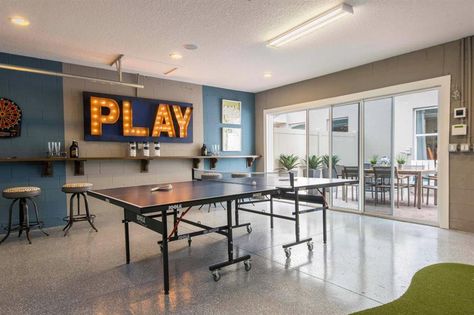 Garage Space Ideas, Garage Conversion To Family Room, Garage Games, Garage Rec Room, Tennis Room, Ping Pong Room, Table Tennis Room, Garage Hangout, Garage Conversion Ideas