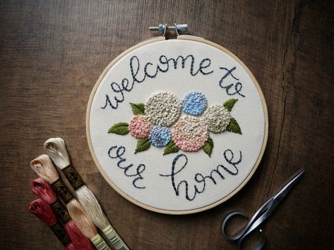 Embroidery Hoop Art ø Wall Art ø Home Decor ø Welcome To Our Home ø Hand Embroidered ø LoftFullOfGoodies ø Housewarming Gift Welcome To Our Home, Dmc Embroidery Floss, Small Makeup Bag, Embroidered Wool, Needle Book, Sewing Organization, Welcome To, Embroidery Hoop Art, Hoop Art